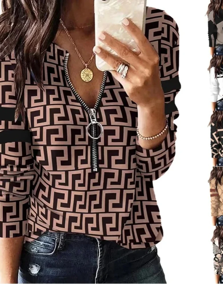 

Женская летняя повседневная рубашка - свободный топ с лацканами в стиле ретро с геометрическим принтом и длинными рукавами, элегантная уличная пригородная блузка
