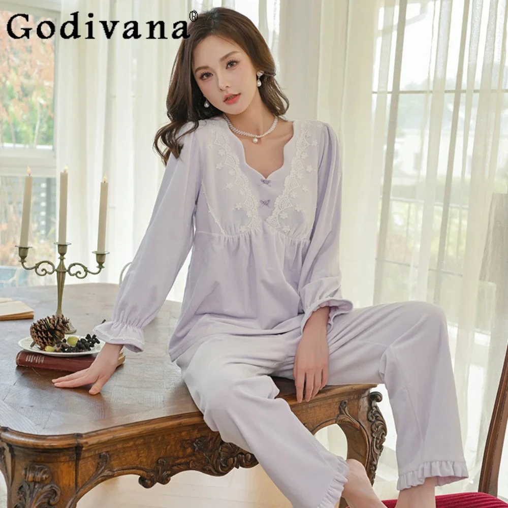 

Sweet Cute Pajamas Set Women's Long-sleeved Sleepwear Court Style Girl Homewear Nightdress Lace Casual Pijamas