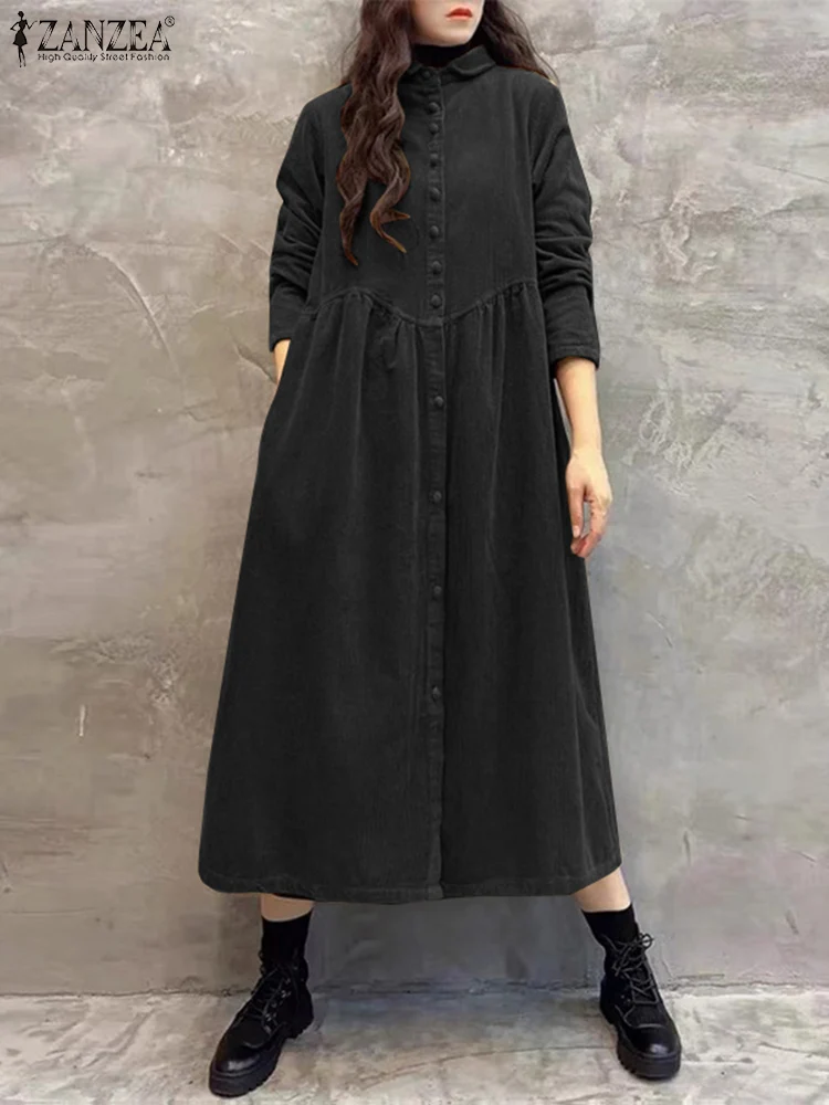 ZANZEA Turn-down Collar Streetwear Midi Dress Women Corduroy Casual Waist-Gathering Button Up Shirt Dress Long Sleeve Vestidos