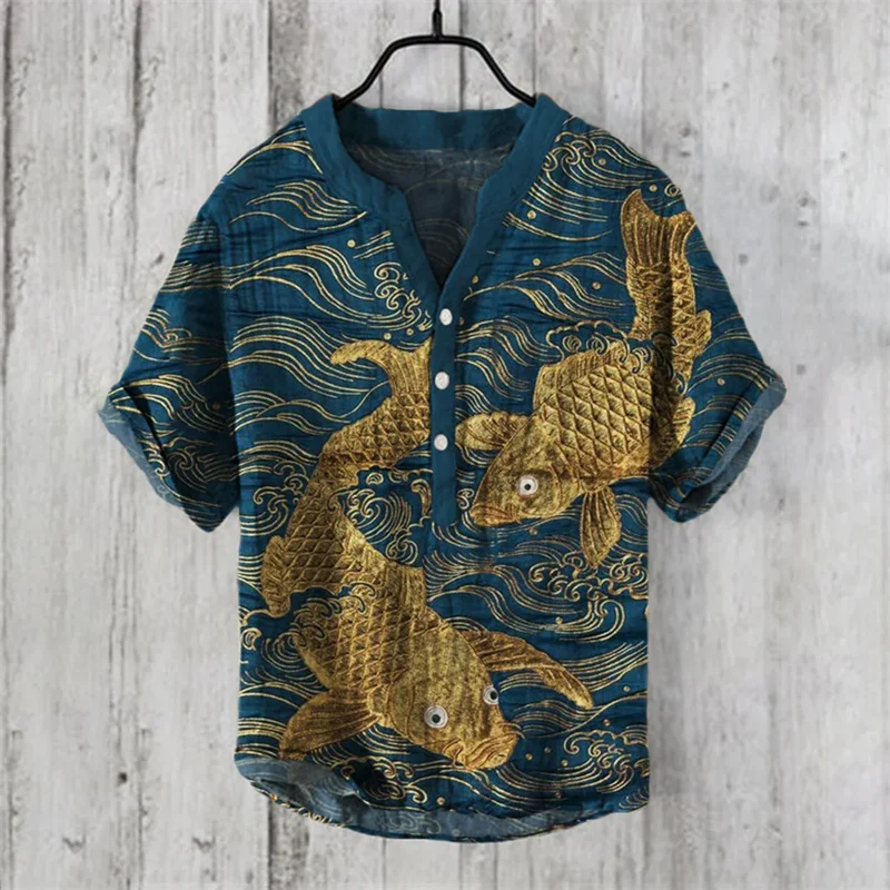 

New Linen Shirt Carp Pattern Men's 3D Printed Shirt Casual Loose Trendy Multi-Pattern V-Neck Three-Breast Shirt