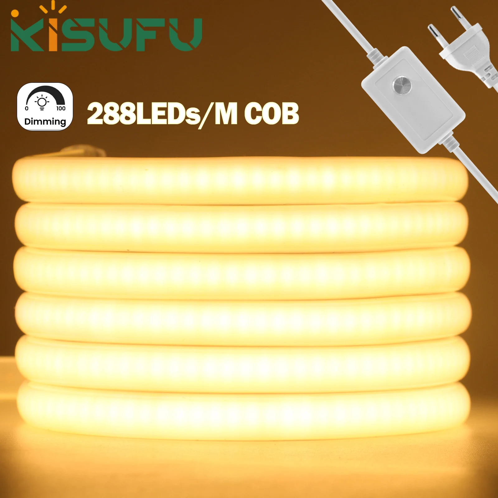 220V 230V Dimmable COB LED Neon Strip Light EU/UK Dimmer Kit RA90 IP65 Waterproof Kitchen Cabinet lighting White/Natural/Warm