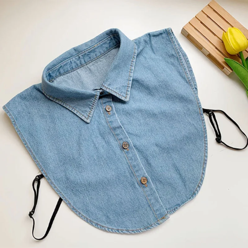 Denim Blue Fake Collar Solid Color Women Detachable Shirt Collar Spring Simple Turtleneck Dickie For Inner Clothe 38*35cm