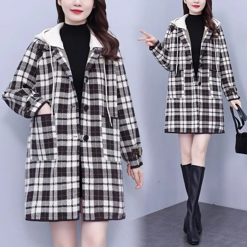 2023 Winter Long Plaid Jacket Women's Large Size Fashion Mink Plush Detachable Hat Coat Loose Fashion Overcoat Abrigos Z3043