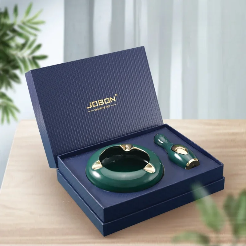 JOBON Cigar Set Butane Gas Lighter High end Ashtray Cigar Clipper Three-piece Set Jade Bottle Cigar Special Lighters Smoking