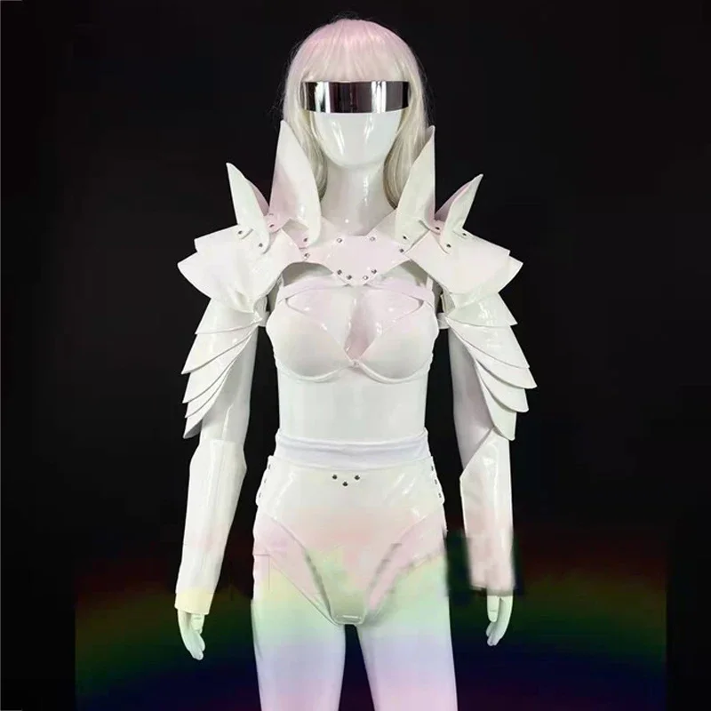 White Stage show Armor Laser Silver Bodysuit  dance Nightclub bar costume womans rompers  outift rhinestone