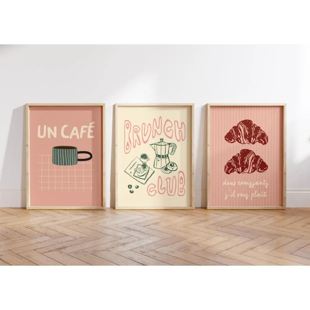 Impresiones artísticas de cocina rosa sin marco, pared de galería de brunch de croissant de café, decoración artística de pared de salón, cocina y comedor