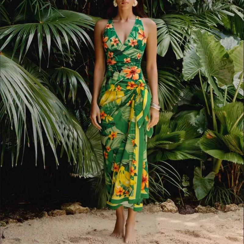 

Casual Vacation Beachwear Ladies Diagonal Collared Sleeveless Jumpsuits Outfit Summer Printed High Waisted Long Skirt Swimsuit