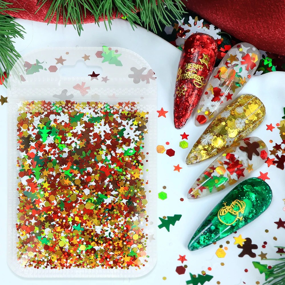 홀로그램 크리스마스 네일 스팽글 진저브레드 눈송이 리본 네일 아트 글리터 겨울 크리스마스 매니큐어 액세서리