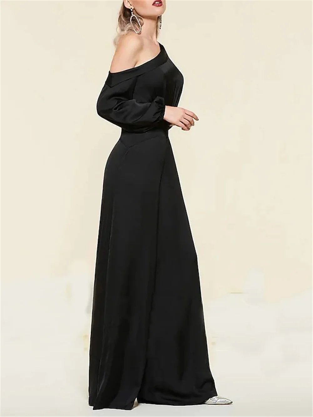 Jumpsuits Mother of the Bride Dress Wedding Guest Floor Length Long Sleeve One Shoulder Satin Chiffon with Sleek Pure Color