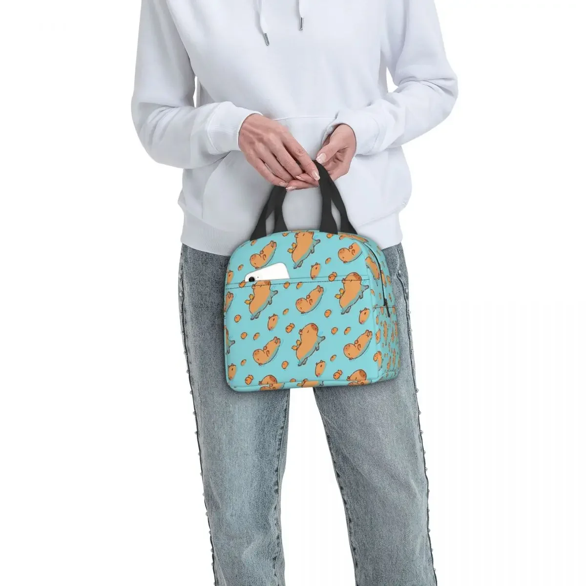 Custom Capybara Swimming Lunch Bag Men Women Warm Cooler Insulated Lunch Box for Kids School