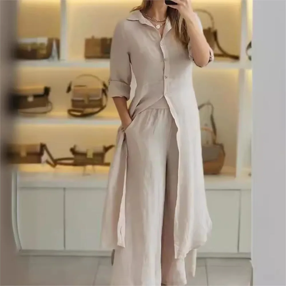 

New Elegant Cotton Linen Slim Fit Waist Long Shirt Wide Leg Pants Two-piece Set For Women Casual Solid Color Pants Set Outfits