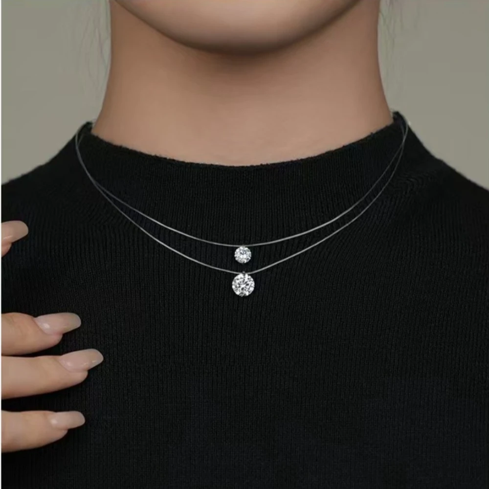Exquisite Temperament Moissanite Zircon Pendant Transparent Invisible Fishing Line Necklace for Women Luxury Charm Jewelry Gifts