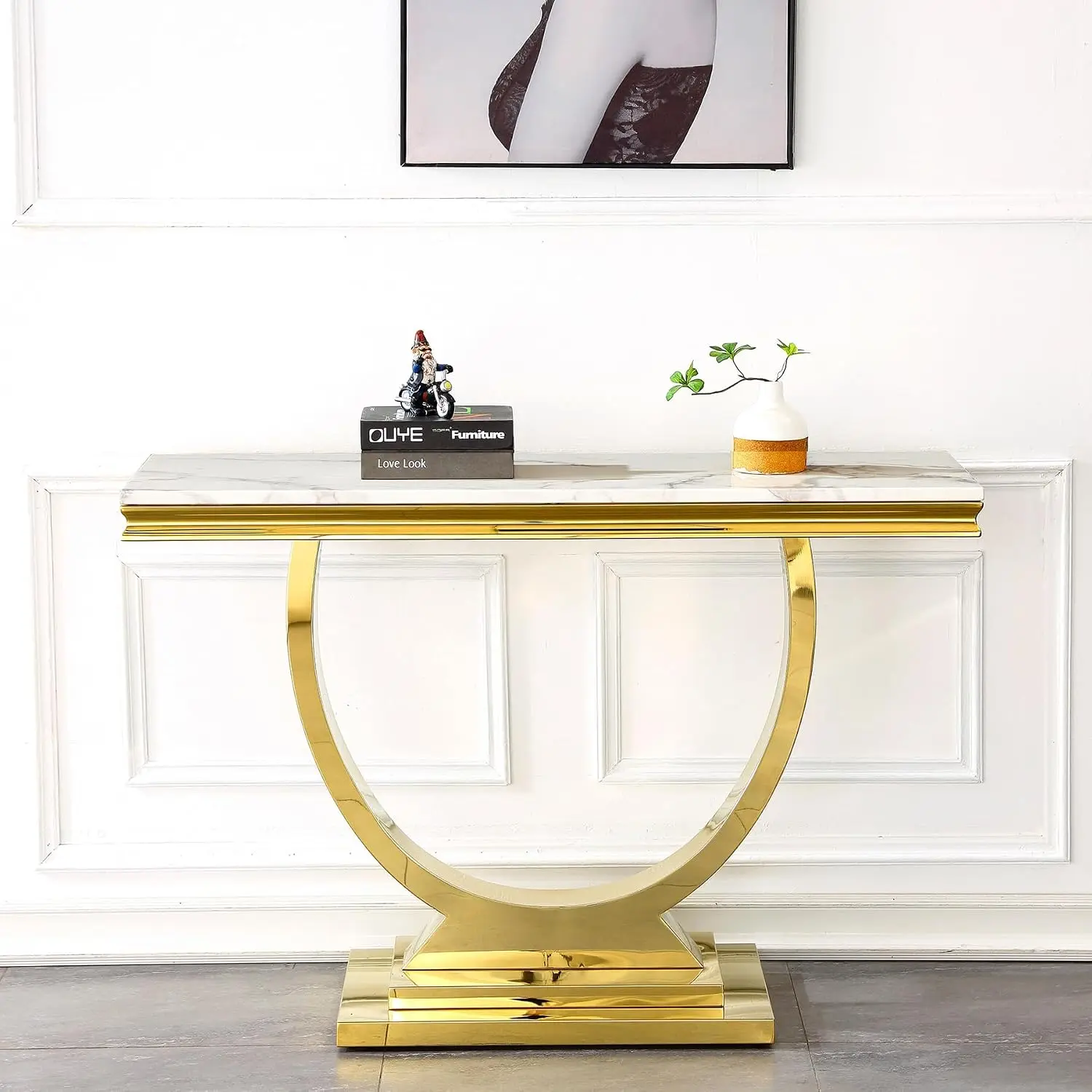 47" White Faux Marble Console Table Gold U-Shape Base Mirrored Stainless Steel Frame Entryway Living Room Hallway, Customized view 3