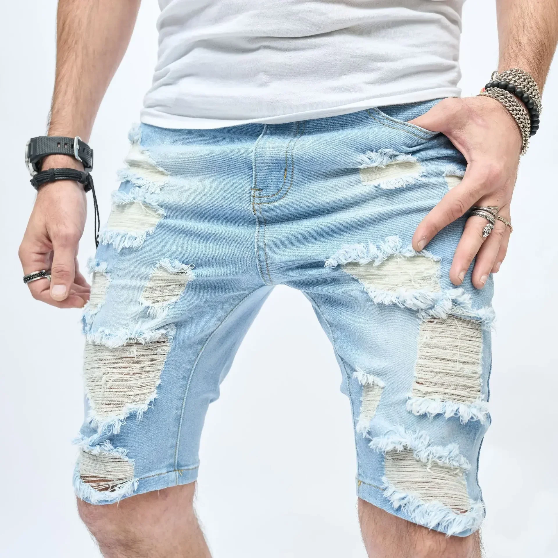 Men Summer Streetwear Slim fit Ripped Denim Shorts Stylish Holes Solid Casual Straight Jeans Male Five-point Pants