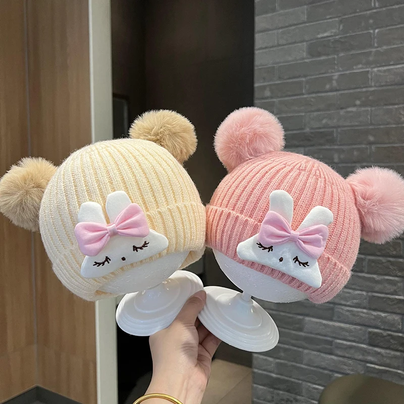 

Детская шапка-бини с милым кроликом, зимняя теплая вязаная шапка для маленьких девочек, детский шерстяной пуловер с помпоном из мультфильма, шапка