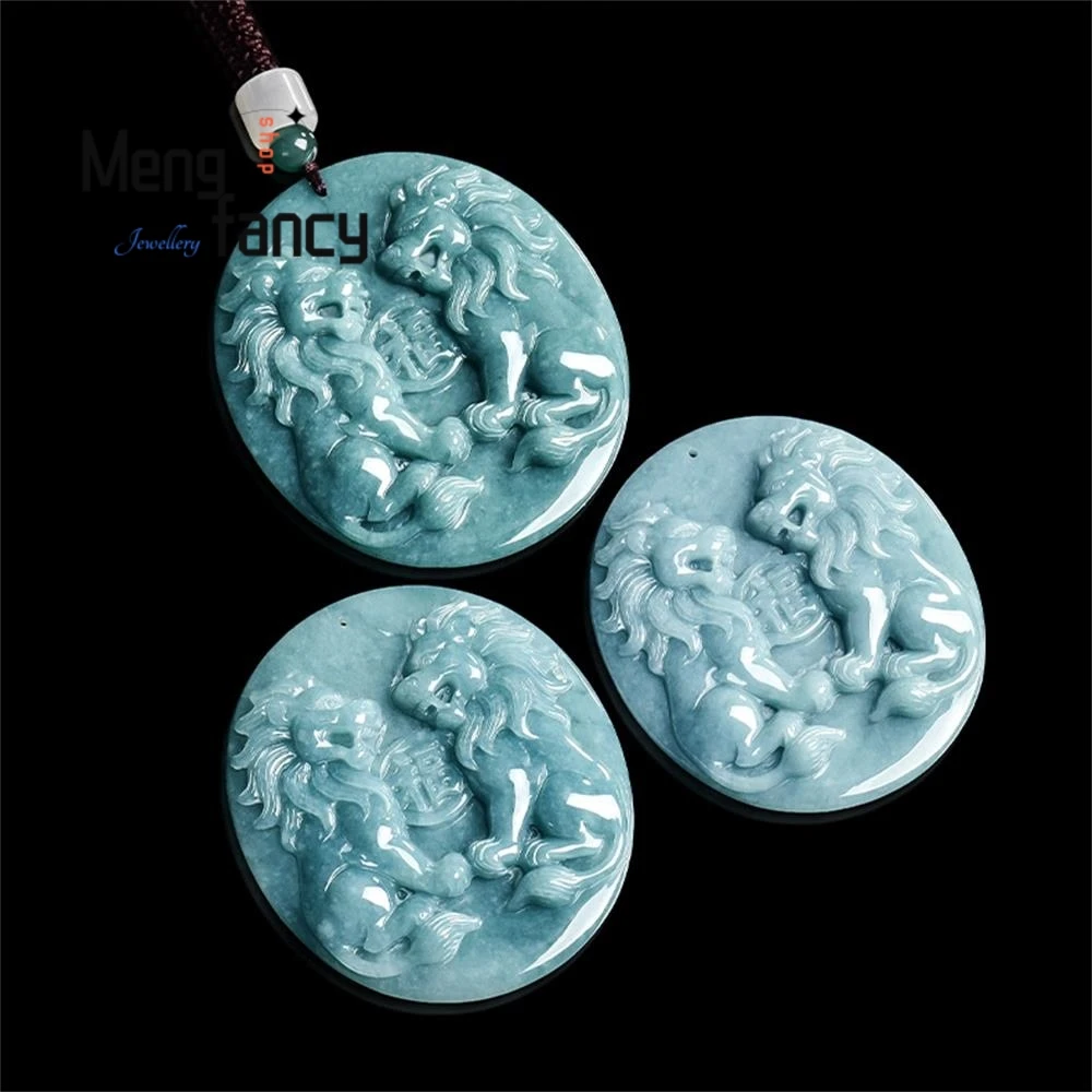 

Натуральный подлинный нефритовый кулон из жадеита синего цвета «Два льва», приносящий благословение, высококачественное модное ювелирное украшение, талисман, праздничный подарок