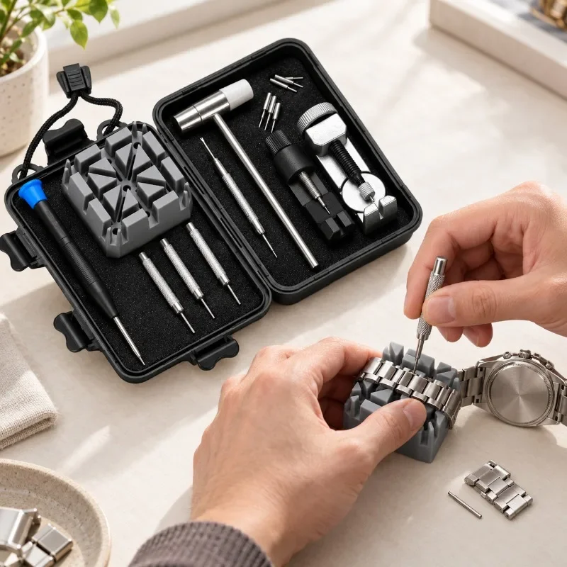 Multi‑Function Watch Repair Tool Set, Watch Band Link Pin Remover Kit with Hammer Spring Bar Screwdriver Strap Adjustment Tools