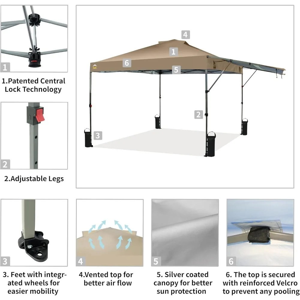 Всплывающая палатка с навесом 10x10, мгновенный коммерческий навес с удлиненным навесом, запатентованный центральный замок, ткань с покрытием 150, 4 веревки, 8 кольев