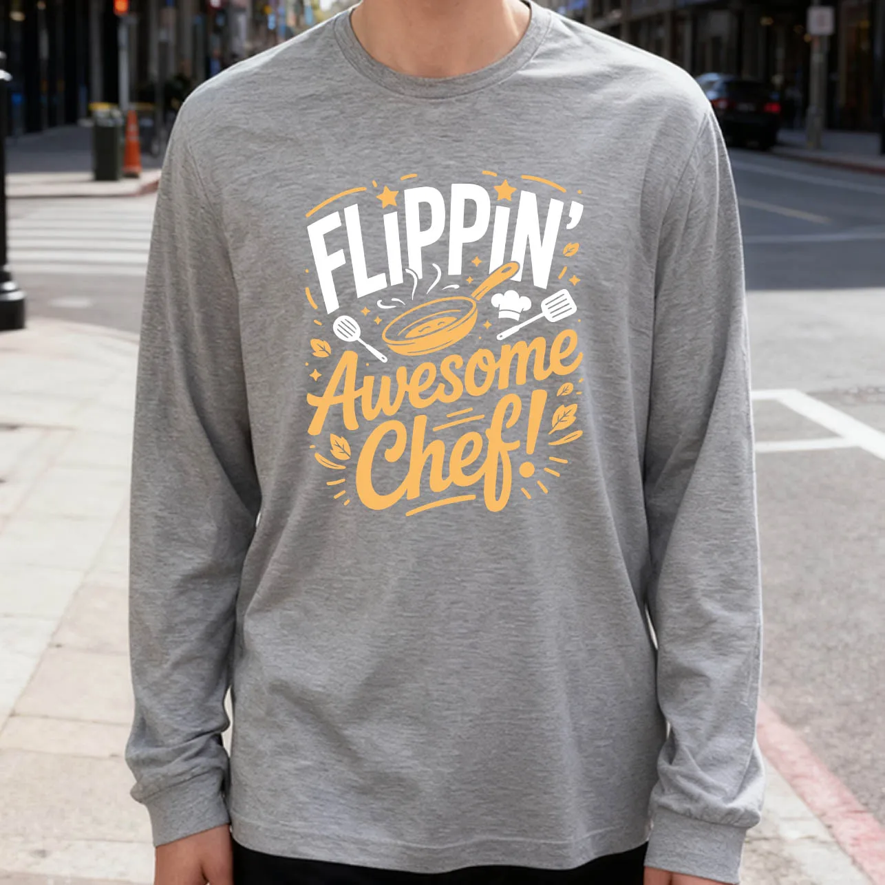 

Flippin' Awesome Chef Men's Long Sleeve T-Shirt 180g 100% Cotton Printed Crew Neck Casual Daily Wear Soft and Breathable