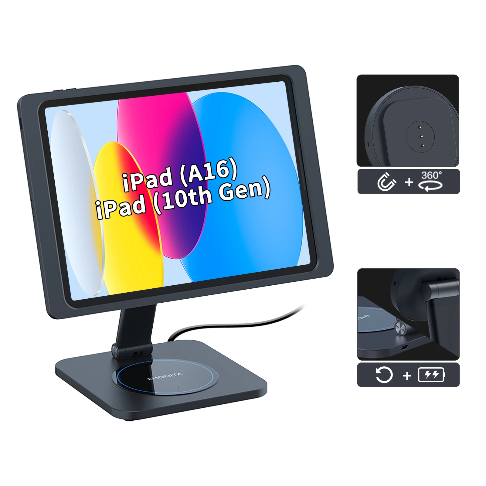 

EMONITA Foldable Magnetic Charger Stand with iPad Charging Case 45W Fast Charging, 360° Rotation 180° Tilt Include Type-C Cable