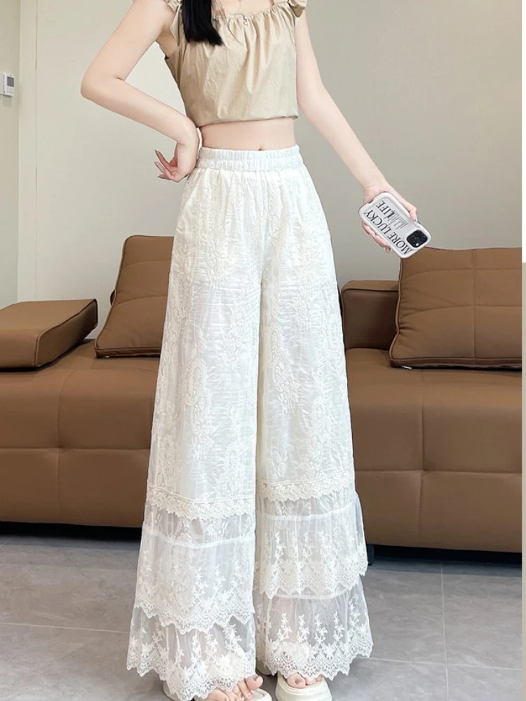 Embroidered hollow out lace wide leg pants women in summer high waist design sense casual versatile sun protection pants