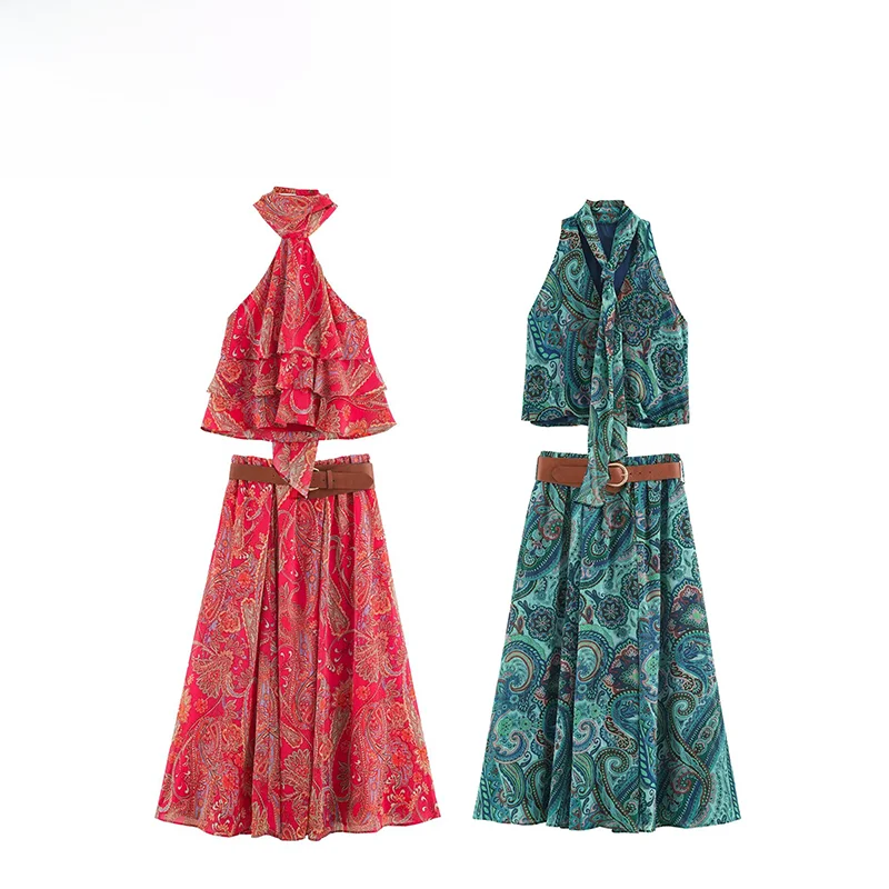 Summer New Women's Fashion  Knot Neck Hanging Top Print Waist Belt Dress ZR Elegant Two-Piece Set Chinese Brand