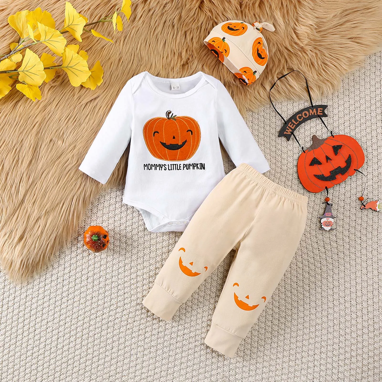 

Baby Boy Halloween Outfit Set Comfortable Cute Pumpkin Print Long Sleeve Bodysuit Pants And Hat Three Piece Set ropa de bebé