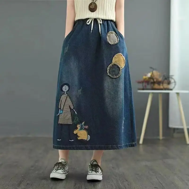 Plus Size Women Clothing Spring Autumn Denim Skirt Jeans Elastic Waist A-line Midi Skirts Vintage Harajuku Sweet Y2k Skirt Trend