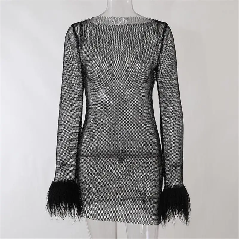 L38E Women Sexy Long Sleeve See Through Mesh Party Mini Bodycon Dress