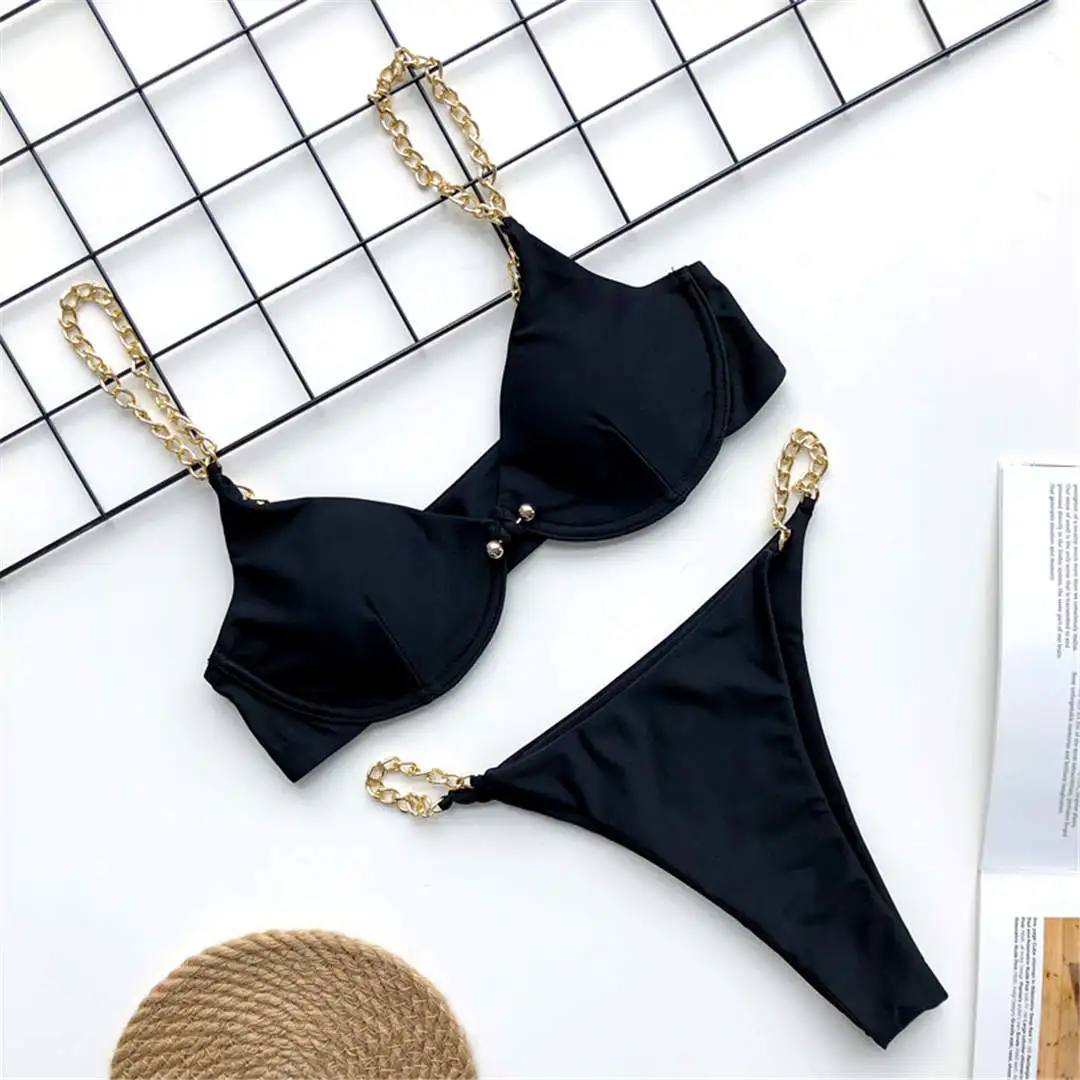 Sexy High-Cut-Bikini mit goldener Kette, Damen-Badebekleidung, zweiteiliger Bikini-Set, Badeanzug mit Bügel, Badebekleidung, Badeanzug, Modell V1646 – Detail 24