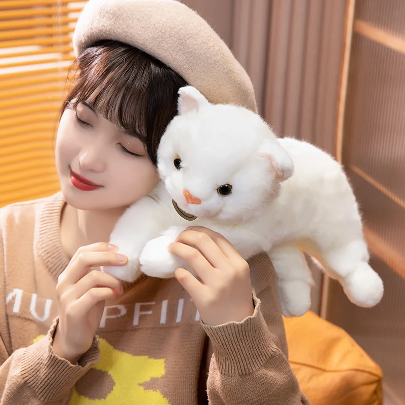 Kawaii Simulation White Lying Cat Plush Pillow Toy New Stuffed Animals Peluche Pet Dolls Realistic Birthday Gift