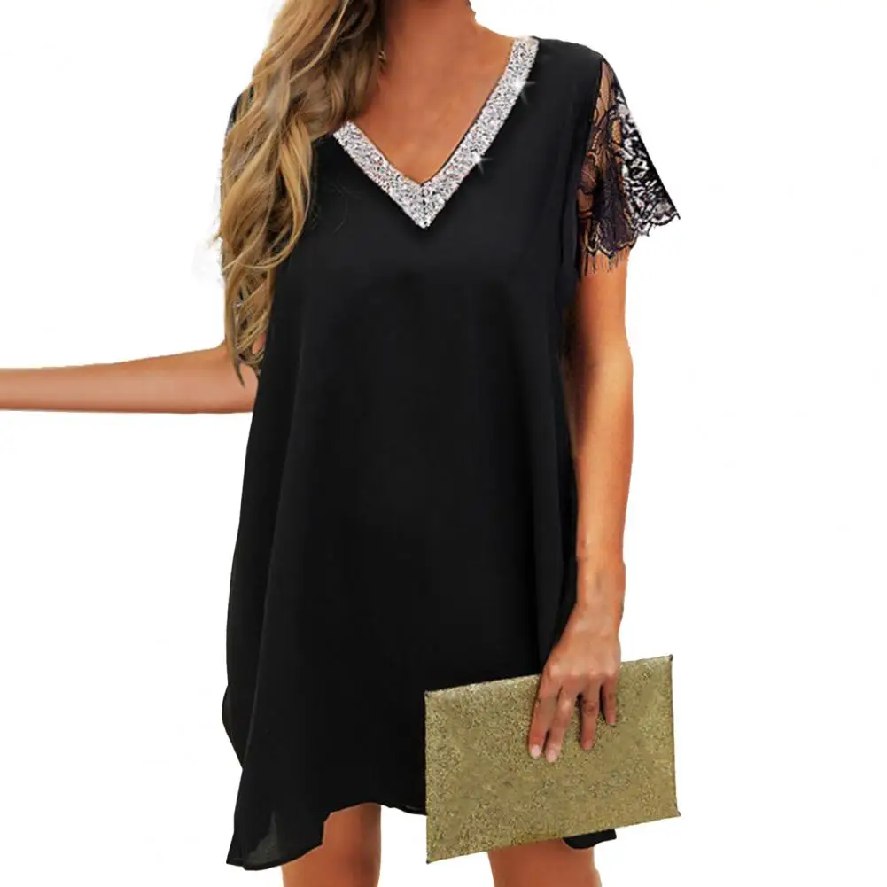 Women Loose Cut Dress Elegant V Neck Sequin Lace Mini Dress for Women Soft Solid Color Short Sleeves Summer Dress for Office