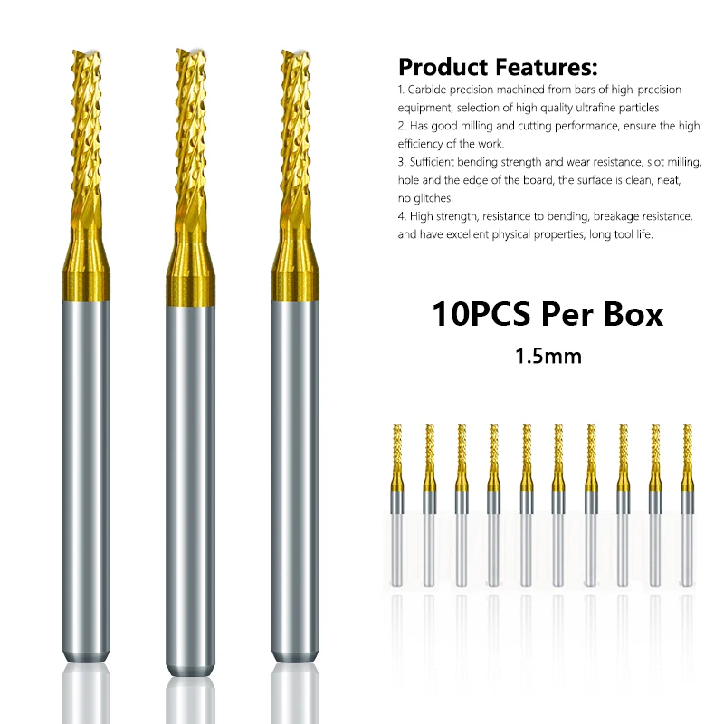 XCAN Carbide Corn PCB Milling Cutter 10pcs 1.5mm Titanium Coated CNC Router Bits End Milling Bit for CNC Machine Milling Tool