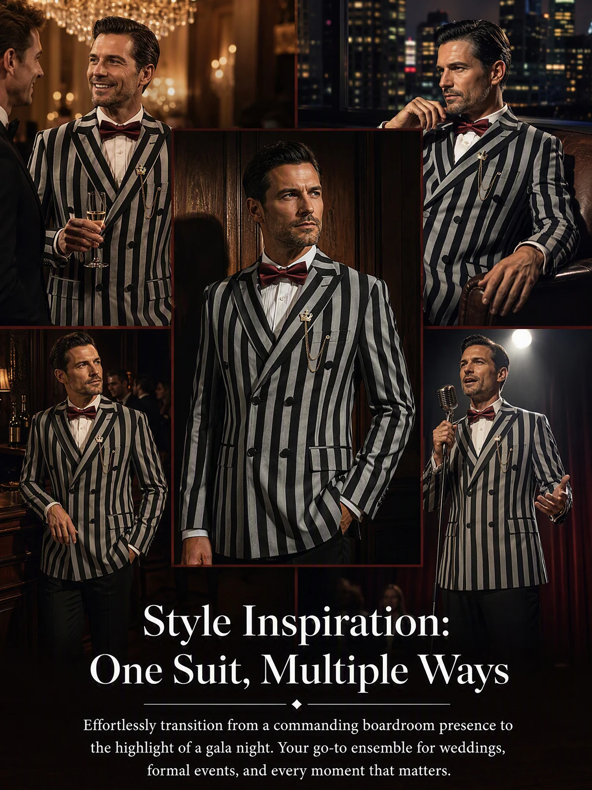 Immagine 6: Abito da festa ST Cassy di alta qualità, completo da uomo alla moda a righe, abito da sera doppiopetto slim fit, set 2 pezzi giacca + pantaloni