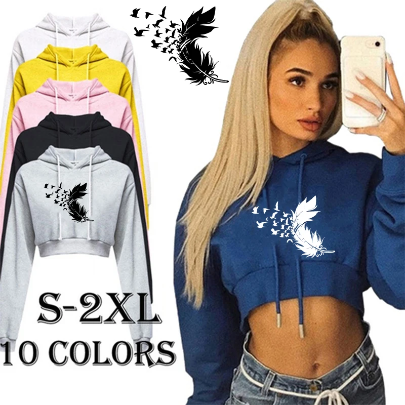 

Womens Cropped Hoodie Short Sweatshirt Plain Pullover Hooded Crop Tops Sexy Casual Long Sleeve Hooded