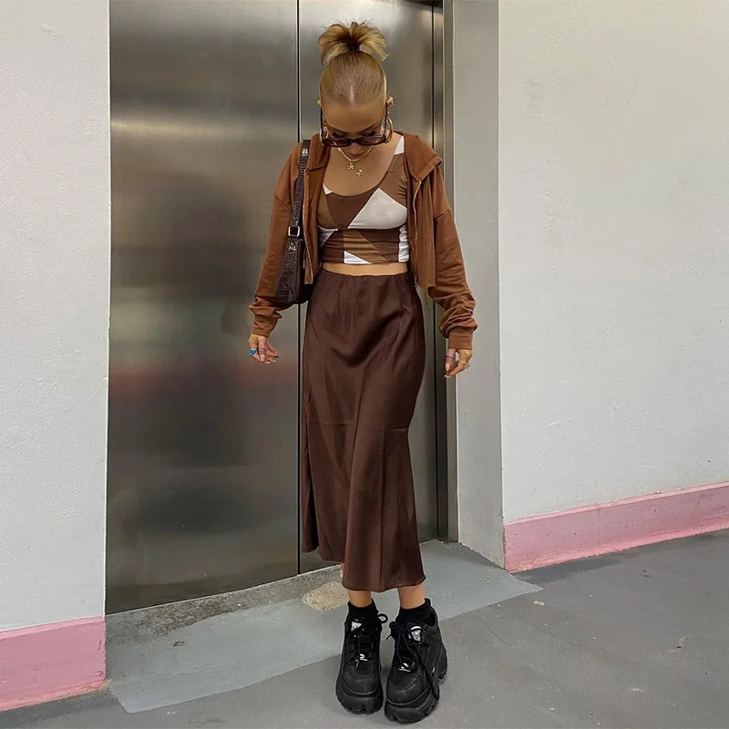 Casual Loose High Waisted Midi Skirts Femme Jupe Longue Women Sexy Side Slit Skirt A Line Streetwear Vintage Y2k Black Brown