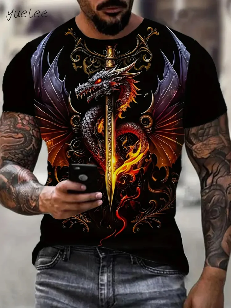 

Vintage Dragon Pattern Men's T-Shirts Summer Outdoor Men's Clothing Round Neck Men Short Sleeved Tee Printing Breathable Men Top