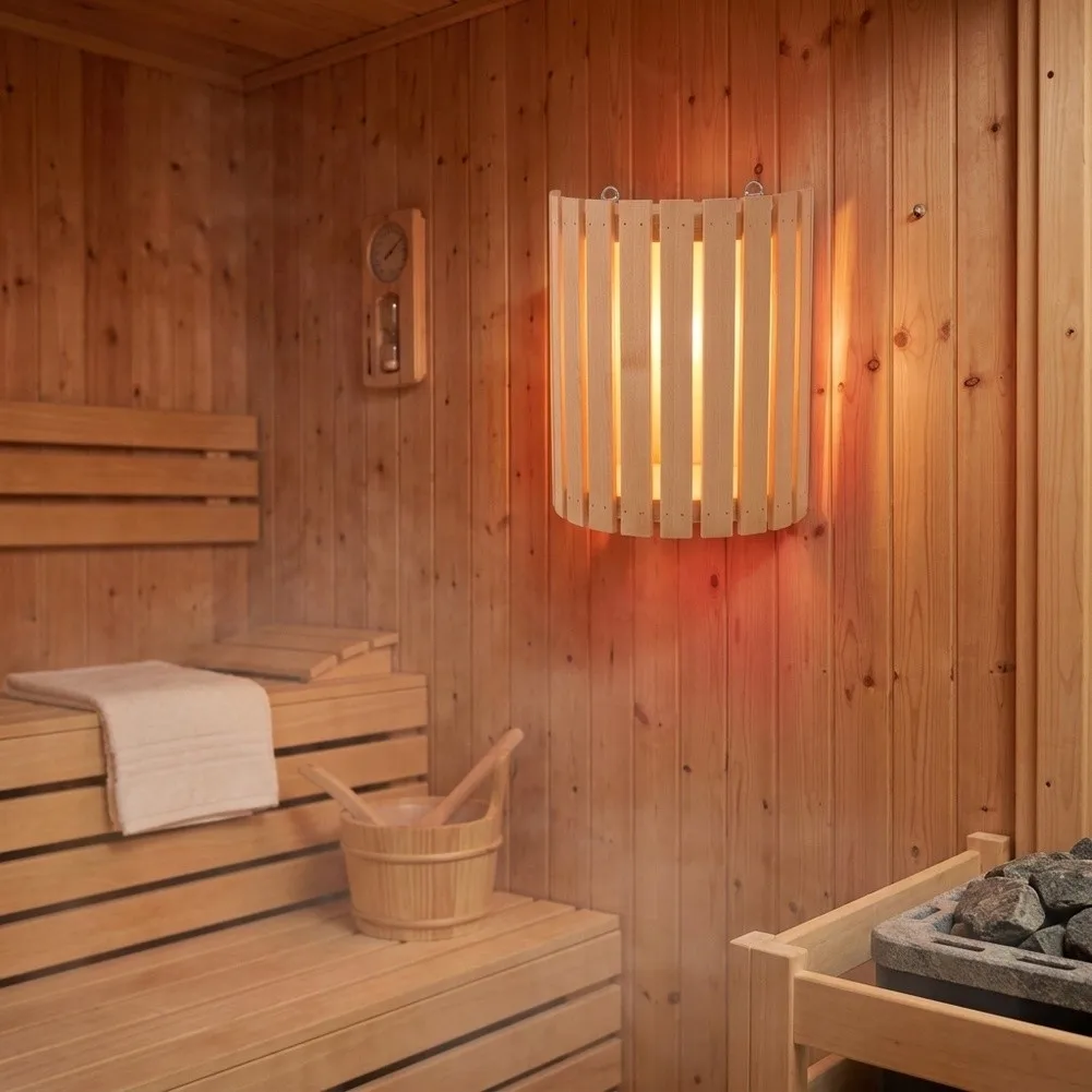 for Steam Room Light Shade Made of Wood in Semi-Cylindrical Format for Sauna Light Fixture Integration and Rustic Appeal