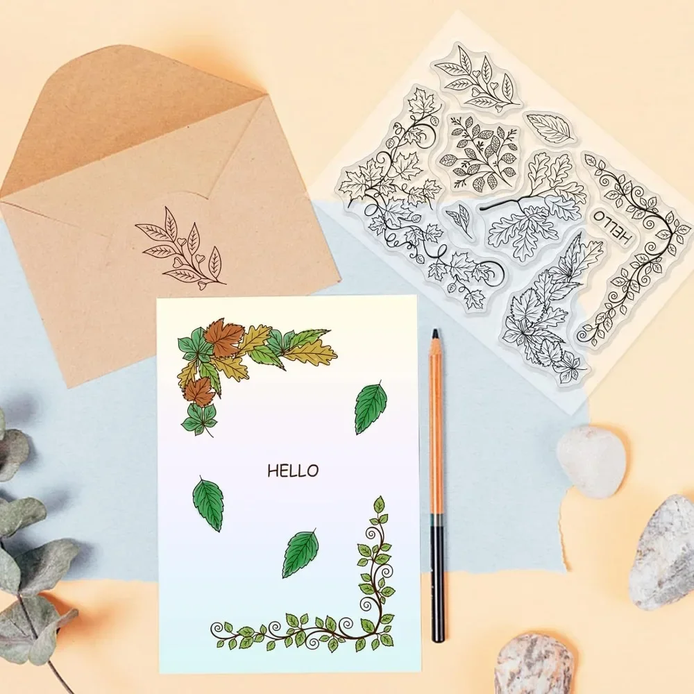 Vine Leaves Clear Stamps Leaf Pattern PVC Placstic Silicone Stamps with Word Hello for Envelope Making, Bookmark DIY Decorations