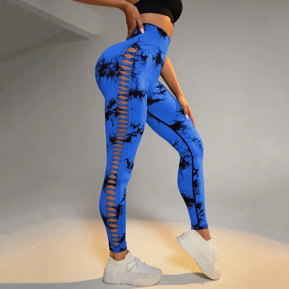 Yoga Leggings Tie-Dye Hollow Design High Elasticity Fitness Pants Tummy Control Exercise Leggings Running Gym Tight Fit Pants