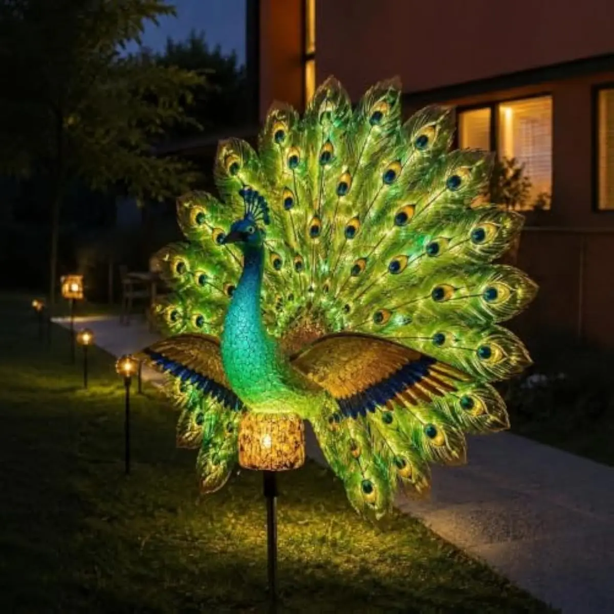 Solar Peacock Garden Statue with Moving Tail and LED Lights, Outdoor Metal Sculpture Auto On Off for Yard Patio Lawn Decor