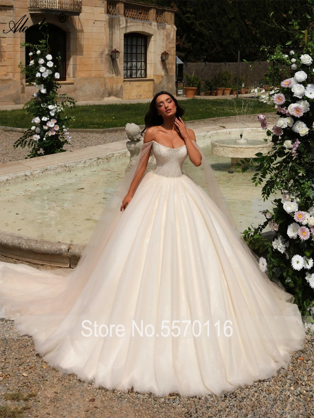 Alonlivn, vestido de baile de perlas con cuentas de lujo, vestidos de Boda de Princesa con hombros descubiertos, vestidos de novia con cuello barco