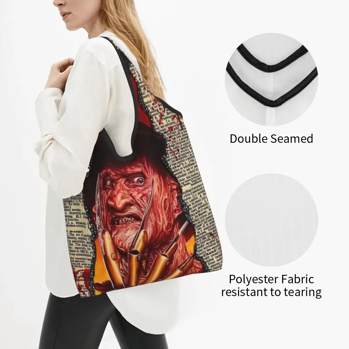 Custom Funny Horror Movie Character Shopping Tote Bags Portable Halloween Film Grocery Shopper Shoulder Bag