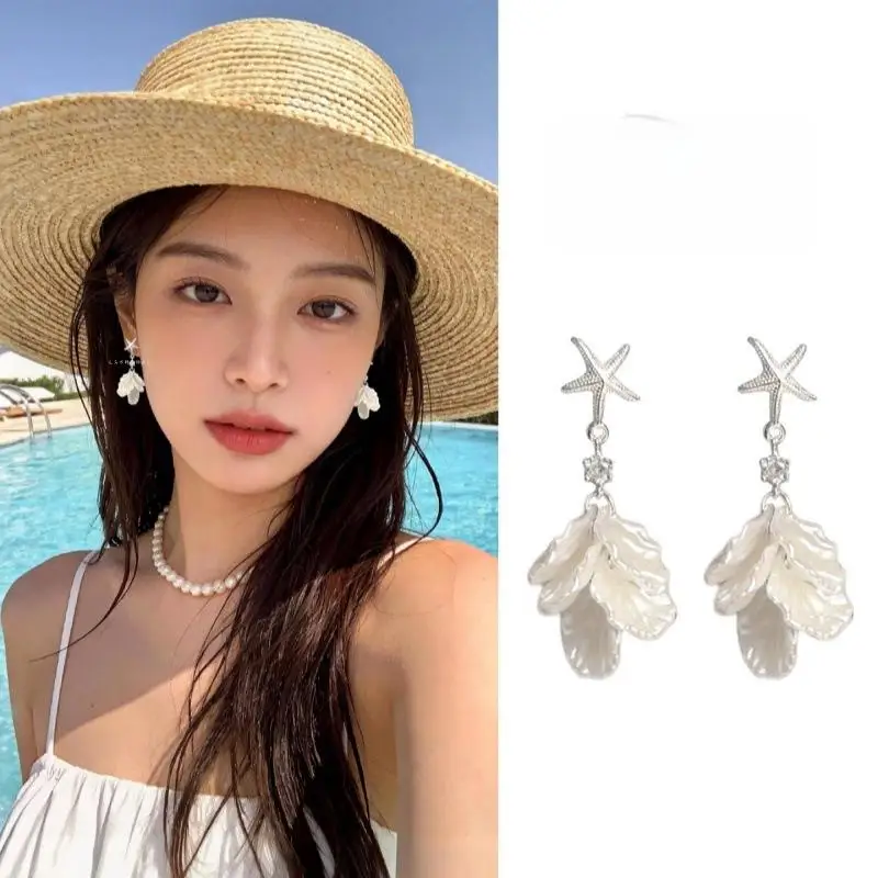 Starfish Shell Dangle Earrings Ocean Style Petal Drop Earrings For Women Summer Beach Vacation Jewelry