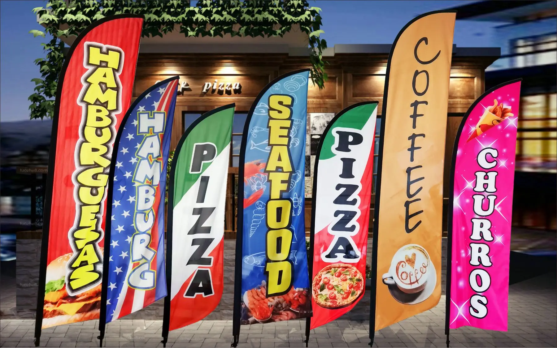 Feather Flag Beach Banner, Fabric Only Without Stand, Kebab Popcorn Milkshake Pizza Granita Sandwich Friterie Bionssons Burger