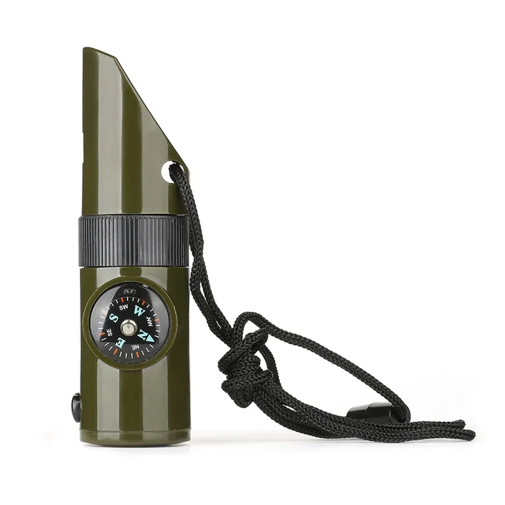 1pc Outdoor 7 In 1 Multi-function Whistle High Decibel With White LED Flashlight Thermometer Signal Mirror Nylon Lanyard