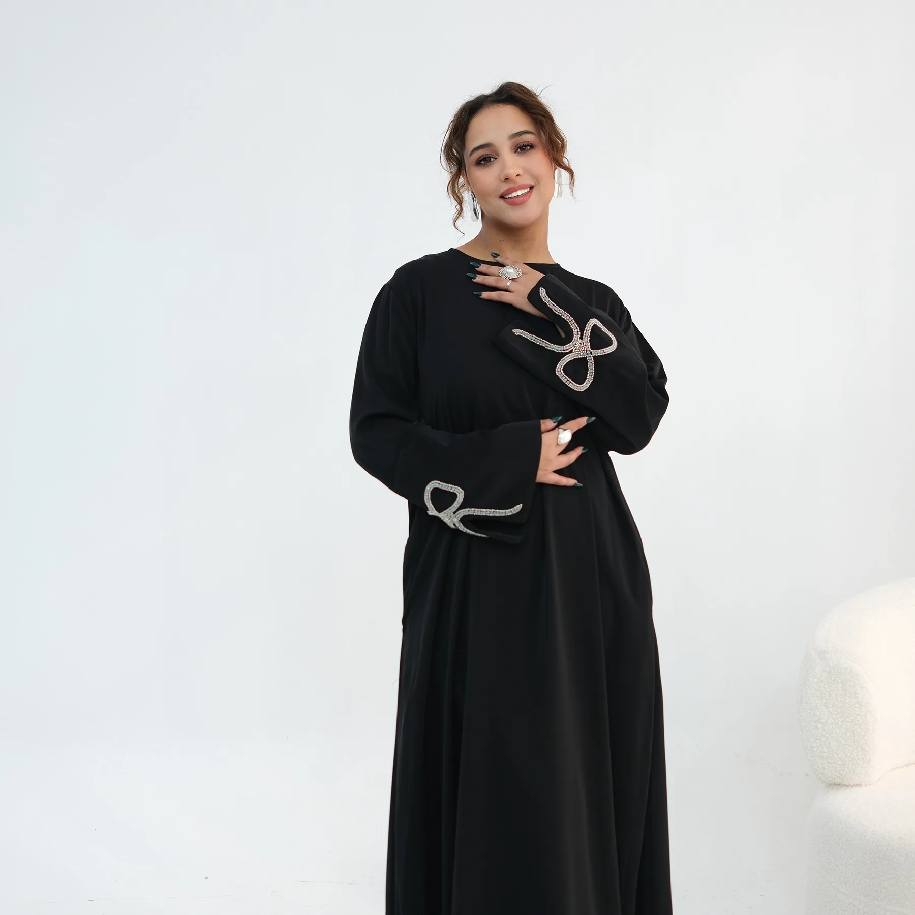 

2026 Дубайское платье Абая с кристаллами и шипами для женщин, арабский мусульманский скромный халат с бантом и рукавами, Джалабия, Турция, Musulmane Islam Vestidos