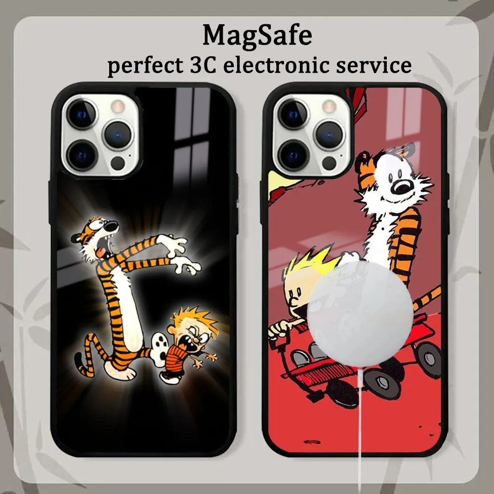 Cartoon C-Calvin And H-Hobbes Phone Case For iPhone 16 15 14 13 12 11 Pro Max Plus Mini Magsafe Mirror Wireless Magnetic Cover