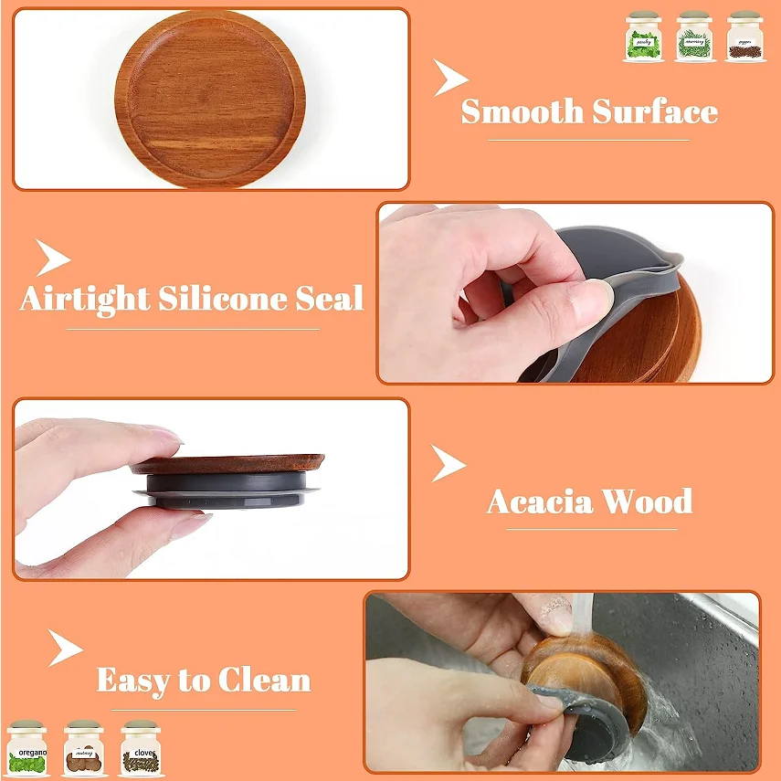 12Pcs per Pack Wooden Storage Lid, Canned Spherical Tanks, Sealed with Airtight Silicone, Brown, Smooth, Conventional Mouth