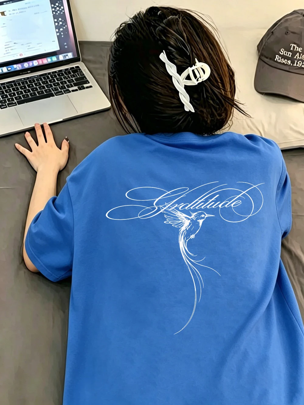 Summer T-Shirts Cotton Womens Gratitude Hummingbird Printing Short Sleeve Comfortable Soft O-Neck Tops All-Match Womans Clothes